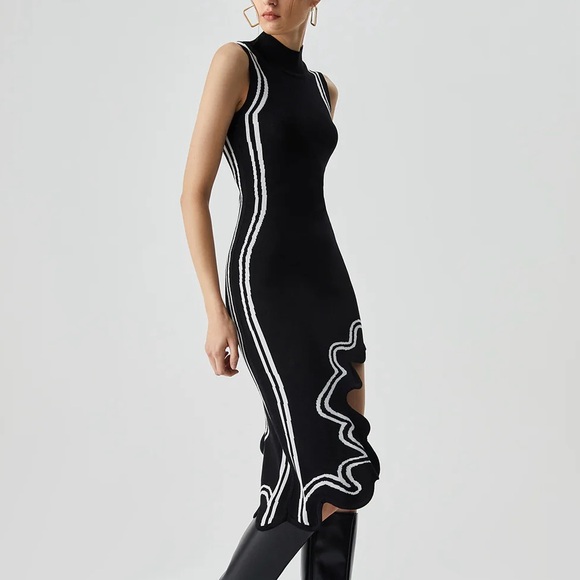 Commense Black Asymmetrical Knit Midi Dress White Contrast Trim Large NWT - Picture 3 of 11